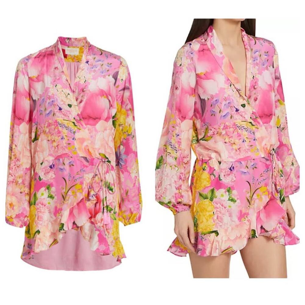 Rococo Sand Leona Floral Print Surplice Neck Ruffle Mini Dress Pink Size XS
